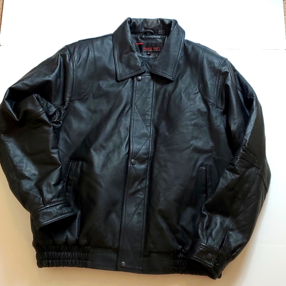 Phase Two quilted black leather zipper front jacket